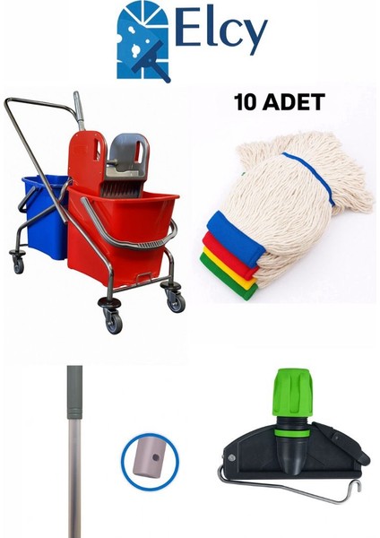 Çift Kovalı Krom Temizlik Arabası Paspas Arabası Sap Mop Aparat (Özel Plastik Presli )