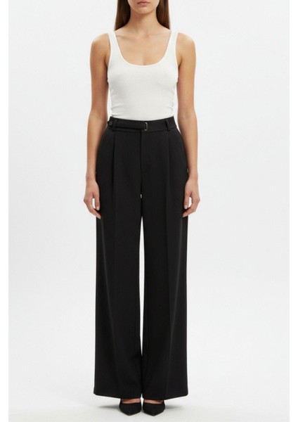 Siyah Kemerli Yüksek Bel Bol Paça Kadın Pantolon 8147A