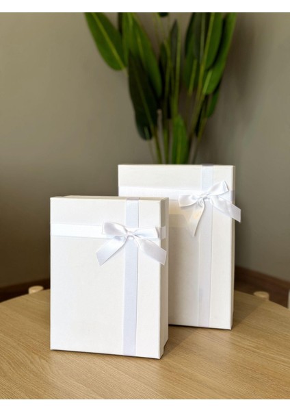 Dekoratif Beyaz Fiyonklu 2 Li Hediye Kutusu Seti Sert Mukavva Hediye Kutusu
