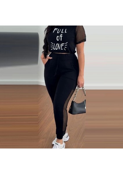 Kadın Kısa Kollu Bisiklet Yaka File Detaylı Viskon Iki Iplik Krop ve Eşofman Altı Ikili Takım fiyatları