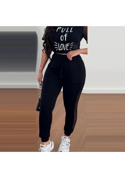 Kadın Kısa Kollu Bisiklet Yaka File Detaylı Viskon Iki Iplik Krop ve Eşofman Altı Ikili Takım modelleri