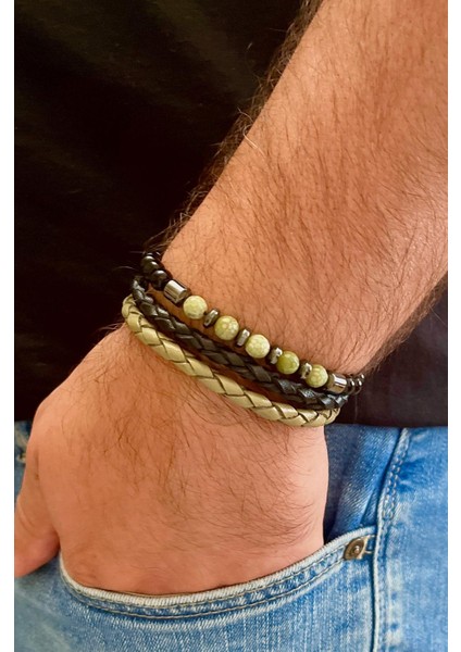 %100 Deri&hematit Kombinli 3lü Erkek Bileklik Set 21 cm (Türk El Üretimi)