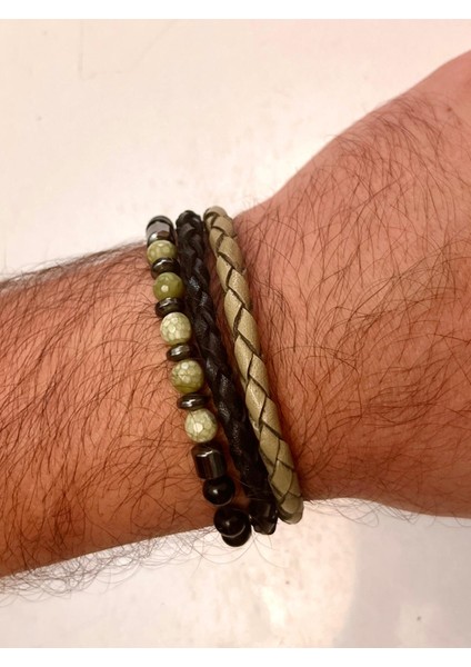 %100 Deri&hematit Kombinli 3lü Erkek Bileklik Set 21 cm (Türk El Üretimi) fiyatları