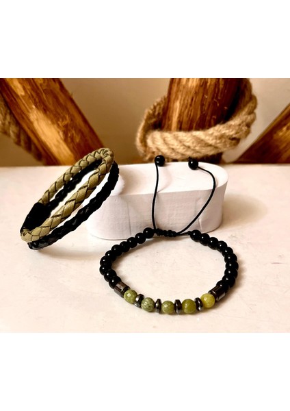 %100 Deri&hematit Kombinli 3lü Erkek Bileklik Set 21 cm (Türk El Üretimi) modelleri