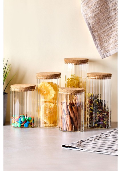 Cork Line 5'li Borosilikat Cam Kavanoz Seti Mantar Kapaklı 600-800-1000 ml