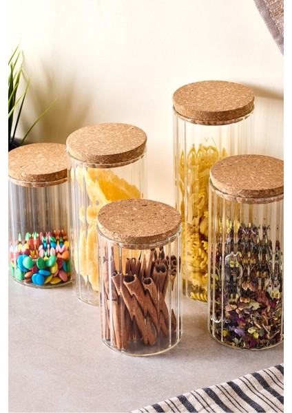 Cork Line 5'li Borosilikat Cam Kavanoz Seti Mantar Kapaklı 600-800-1000 ml modelleri