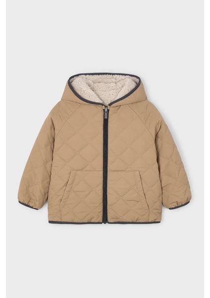 Unisex Çocuk Kapüşonlu Çift Taraflı Pelüş ve Kapitoneli Mont - Karamel/bej