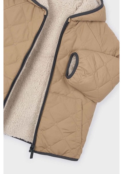 Unisex Çocuk Kapüşonlu Çift Taraflı Pelüş ve Kapitoneli Mont - Karamel/bej fırsatları