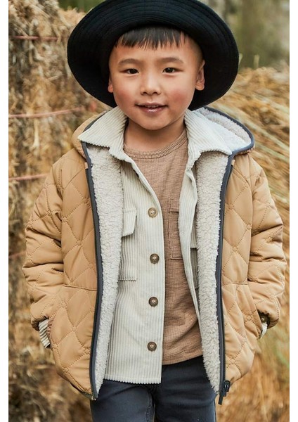 Unisex Çocuk Kapüşonlu Çift Taraflı Pelüş ve Kapitoneli Mont - Karamel/bej