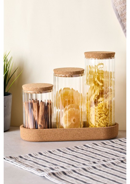 Cork Line 3 Boy Borosilikat Cam Kavanoz Seti Mantar Kapaklı 600-800-1000 ml