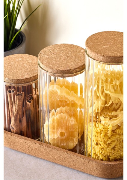 Cork Line 3 Boy Borosilikat Cam Kavanoz Seti Mantar Kapaklı 600-800-1000 ml modelleri