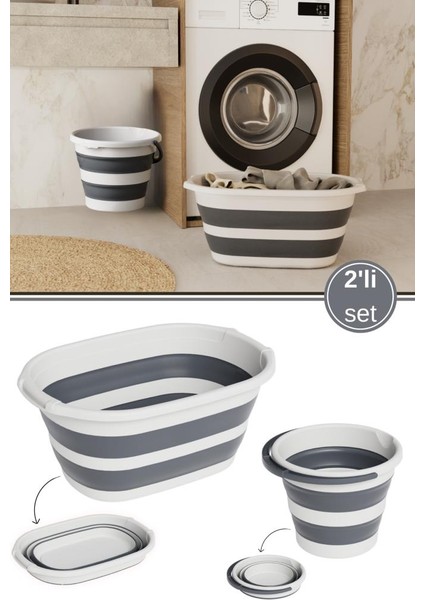 Katlanır 25 Lt Sepet ve 10 Lt Kova Seti, Akordiyon Çamaşır Oyuncak Selesi Kutusu + Kulplu Su Kovası