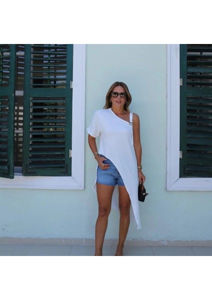 Kadın Tek Omuzu Açık Askılı Asimetrik Kesim Detaylı Bluz