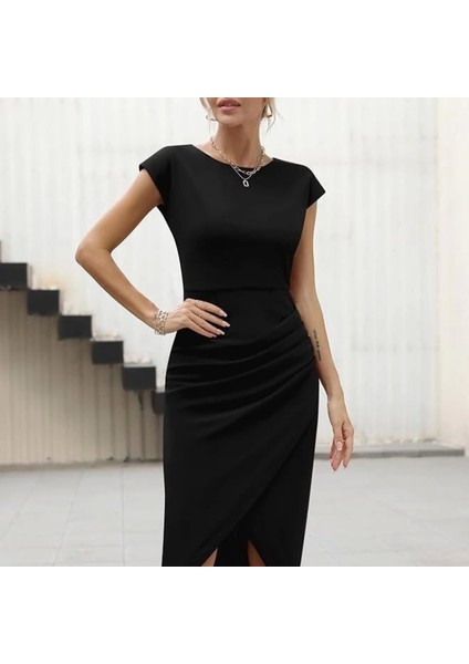 Kadın Yarım Ay Kollu Bisiklet Yaka Yandan Drapeli Ithal Krep Elbise