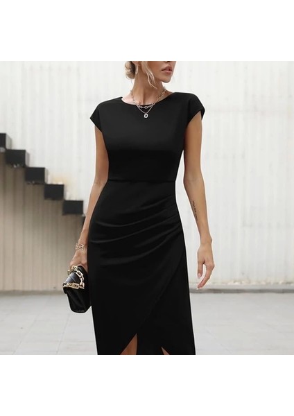 Kadın Yarım Ay Kollu Bisiklet Yaka Yandan Drapeli Ithal Krep Elbise fiyatları