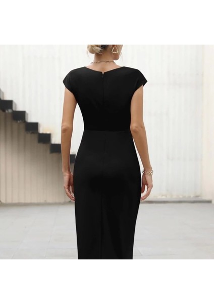 Kadın Yarım Ay Kollu Bisiklet Yaka Yandan Drapeli Ithal Krep Elbise fırsatları