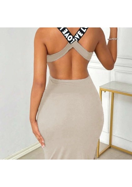 Kadın Yuvarlak Yaka Sırttan Çapraz Şerit Love Detaylı Yırtmaçlı Viskon Elbise