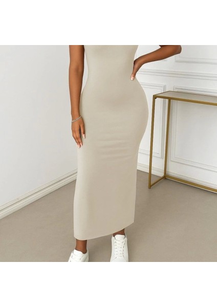 Kadın Yuvarlak Yaka Sırttan Çapraz Şerit Love Detaylı Yırtmaçlı Viskon Elbise fiyatları