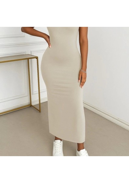 Kadın Yuvarlak Yaka Sırttan Çapraz Şerit Love Detaylı Yırtmaçlı Viskon Elbise fırsatları