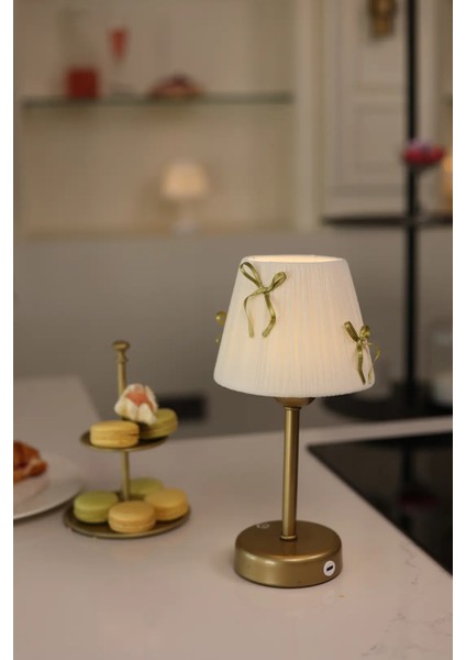 Krem Kadife Süet Gold Fiyonk Kablosuz Şarjlı Masa Lambası - Alt Uzun Eskitme Gold