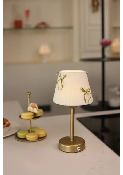 Krem Kadife Süet Gold Fiyonk Kablosuz Şarjlı Masa Lambası - Alt Uzun Eskitme Gold fırsatları