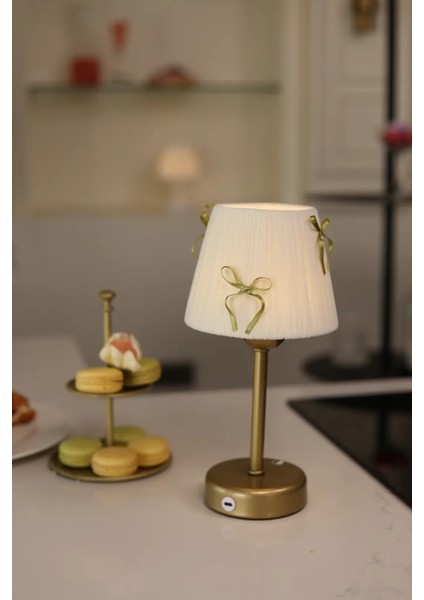 Krem Kadife Süet Gold Fiyonk Kablosuz Şarjlı Masa Lambası - Alt Uzun Eskitme Gold indirimleri