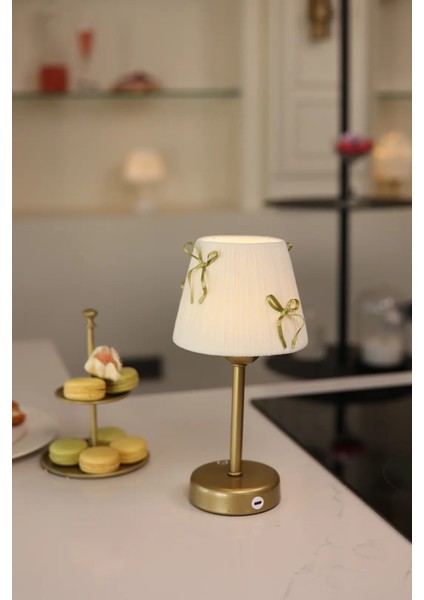 Krem Kadife Süet Gold Fiyonk Kablosuz Şarjlı Masa Lambası - Alt Uzun Eskitme Gold