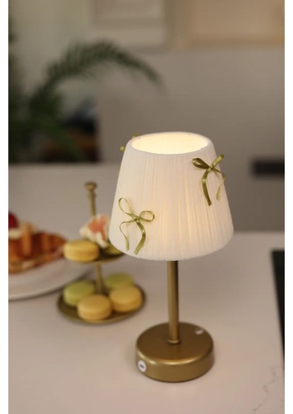 Krem Kadife Süet Gold Fiyonk Kablosuz Şarjlı Masa Lambası - Alt Uzun Eskitme Gold
