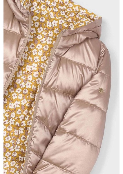 Kız Çocuk Kapüşonlu Çiçek Desenli Çift Taraflı Şişme Mont - Vizon/hardal fırsatları