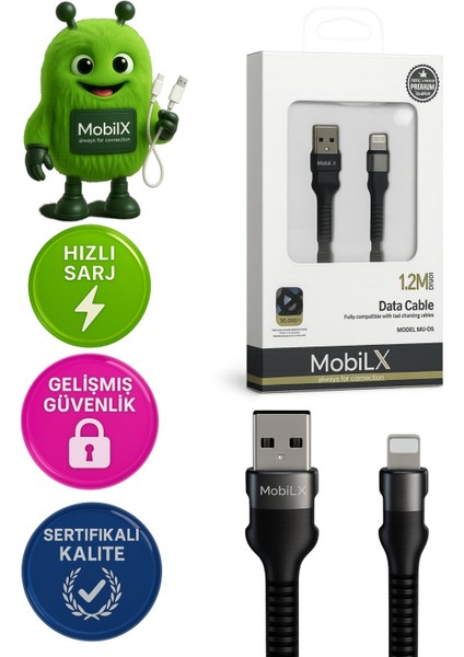Mobilx Lightning Şarj Kablosu – 1.2 Metre | Hızlı Şarj Destekli | Model: Mu-05