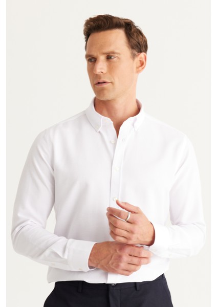 Erkek Beyaz Düğmeli Yaka Kolay Ütülenebilir Pamuklu Slim Fit Dar Kesim Oxford Gömlek