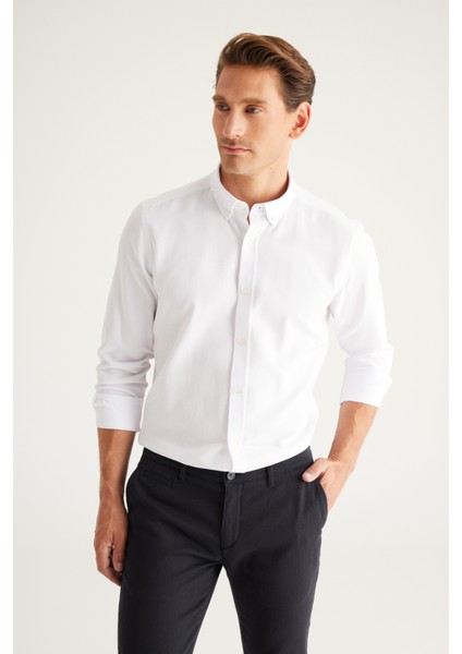 Erkek Beyaz Düğmeli Yaka Kolay Ütülenebilir Pamuklu Slim Fit Dar Kesim Oxford Gömlek fiyatları
