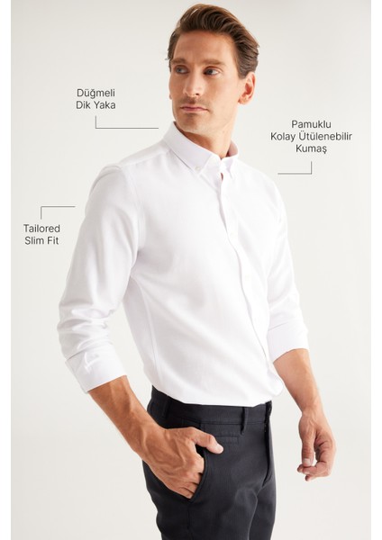 Erkek Beyaz Düğmeli Yaka Kolay Ütülenebilir Pamuklu Slim Fit Dar Kesim Oxford Gömlek modelleri