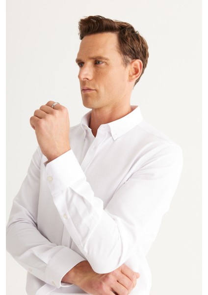 Erkek Beyaz Düğmeli Yaka Kolay Ütülenebilir Pamuklu Slim Fit Dar Kesim Oxford Gömlek