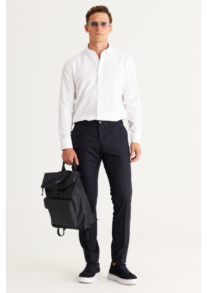 Erkek Beyaz Düğmeli Yaka Kolay Ütülenebilir Pamuklu Slim Fit Dar Kesim Oxford Gömlek