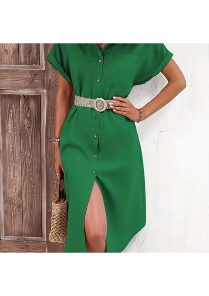 Kadın Kısa Kollu Yakalı Düğme Detay Midi Dokuma Elbise