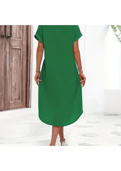 Kadın Kısa Kollu Yakalı Düğme Detay Midi Dokuma Elbise fiyatları