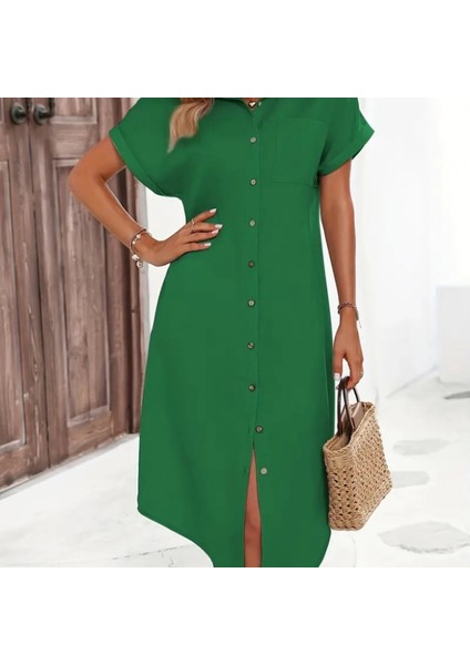 Kadın Kısa Kollu Yakalı Düğme Detay Midi Dokuma Elbise modelleri