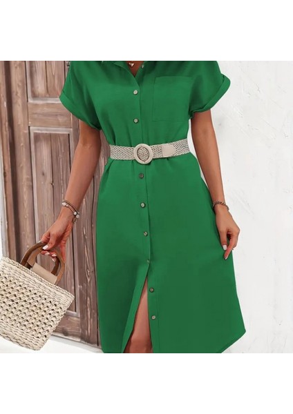 Kadın Kısa Kollu Yakalı Düğme Detay Midi Dokuma Elbise fırsatları