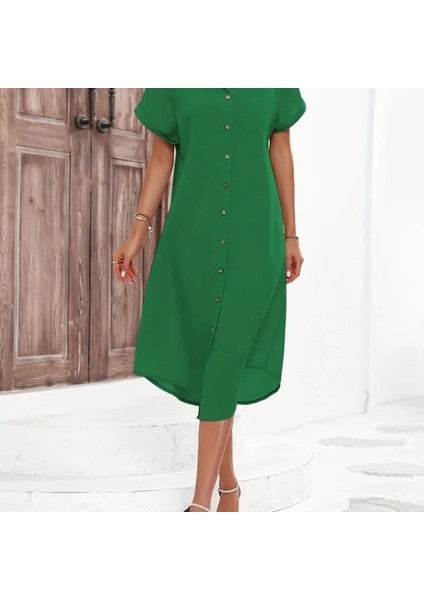 Kadın Kısa Kollu Yakalı Düğme Detay Midi Dokuma Elbise indirimleri