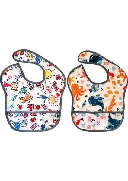 , 2 Adet, Ekonomik Set, 6-24AY, Family ve Sea Desen, Sıvı Geçirmeyen, Cepli, Cırtlı Mama Önlüğü, Önlük fiyatları