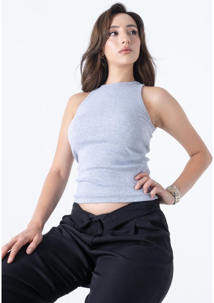Fitilli Regular Fit Normal Kalıp Gri Bisiklet Yaka Sıfır Kol Pamuklu Kadın Atlet fırsatları