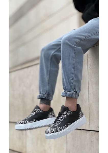 ET0802 Gotik Desenli Siyah Beyaz Yüksek Taban Erkek Günlük Ayakkabı fırsatları