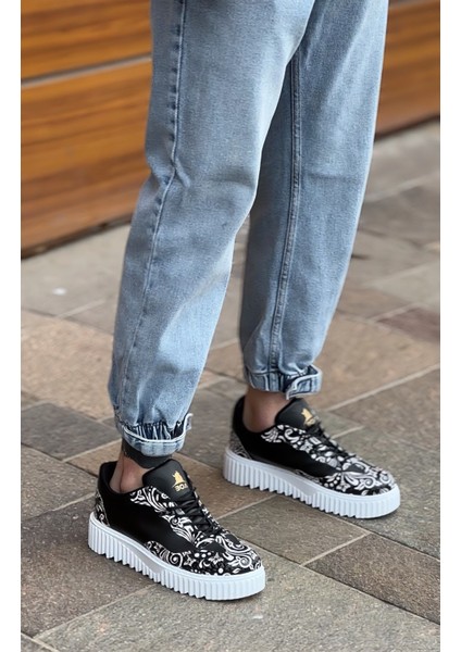 ET0802 Gotik Desenli Siyah Beyaz Yüksek Taban Erkek Günlük Ayakkabı indirimleri
