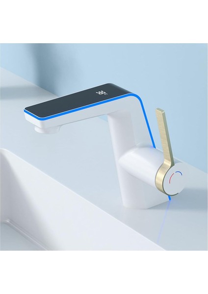 Akıllı Dijital Sıcaklık LED Ekran Banyo Lavabo Bataryası Beyaz Gold 2 Akış Ayarı Ithal 7 Yıl Garanti fiyatları
