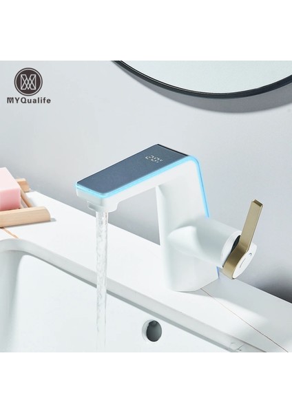 Akıllı Dijital Sıcaklık LED Ekran Banyo Lavabo Bataryası Beyaz Gold 2 Akış Ayarı Ithal 7 Yıl Garanti