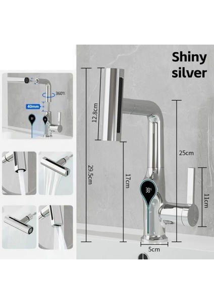 Akıllı Dijital Sıcaklık LED Ekran Banyo Lavabo Bataryası Asansörlü 4 Fonksiyonlu Ithal 7 Yıl Garanti