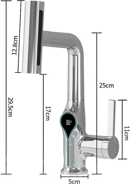 Akıllı Dijital Sıcaklık LED Ekran Banyo Lavabo Bataryası Asansörlü 4 Fonksiyonlu Ithal 7 Yıl Garanti modelleri