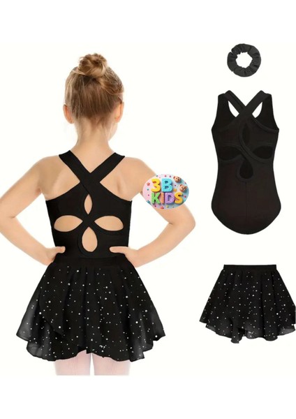 Siyah Jimnastik bale mayosu kıyafeti bale tokası etekli set