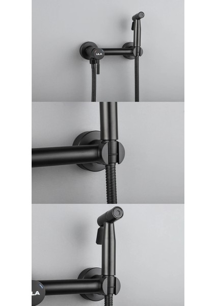 Banyo Tuvalet Bide Basınçlı Püskürtücü Taharet Musluğu Çift Su Girişli Siyah Ithal 7 Yıl Garantili